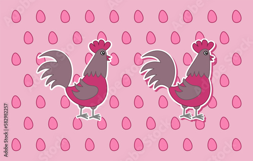 Stickers of a cute pink hen in profile on a background of pink eggs