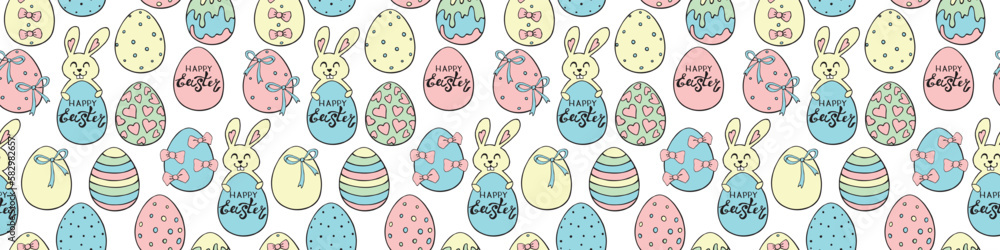 Vector seamless pattern with cute funny colorful easter bunnies with eggs and greeting inscriptions. Holiday backgrounds and textures in flat style