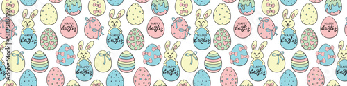 Vector seamless pattern with cute funny colorful easter bunnies with eggs and greeting inscriptions. Holiday backgrounds and textures in flat style