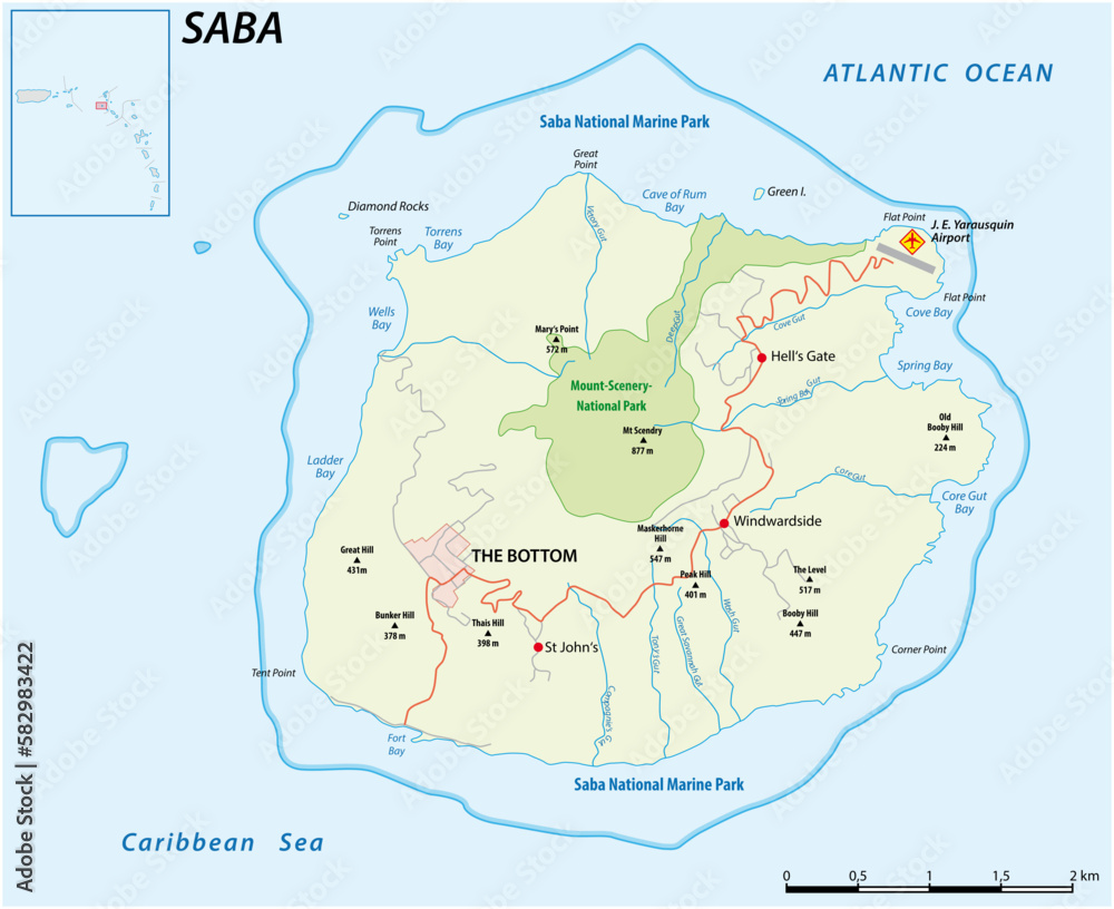 Vector street map of the Caribbean island of Saba