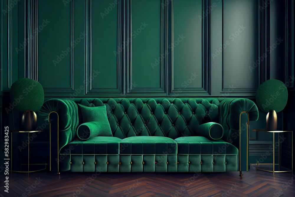 Obraz premium Green wall with a dark green sofa Generative by AI