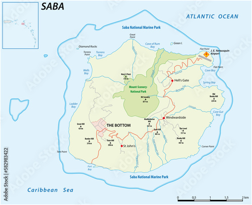 Vector street map of the Caribbean island of Saba