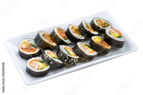 Korean Seaweed Rice Rolls or Kimbap Korean dish made from cooked rice  vegetables, meats that are rolled in seaweed, BBQ Kimbap Korean food Isolate on white with clipping path. photo