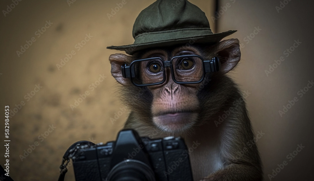 Monkey wearing glasses holding a camera poses for a photo, Monkey wearing glasses holding a camera poses for a photo,