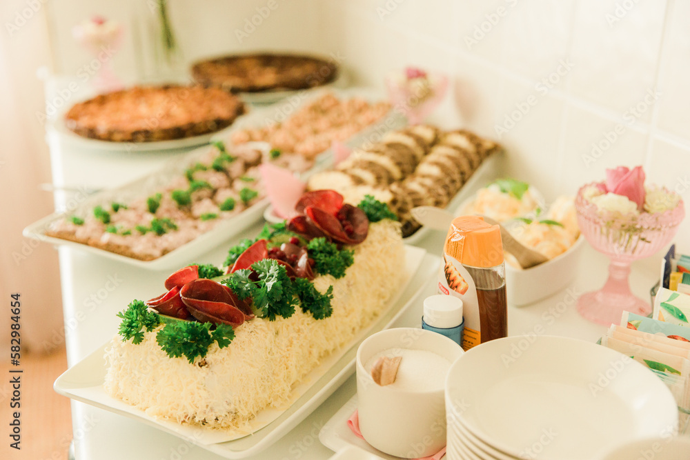 Traditional finnish catering buffet food indoor in luxury restaurant with colorful vegetables and salads