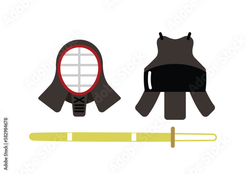 剣道の道具のイラスト　竹刀、防具、面