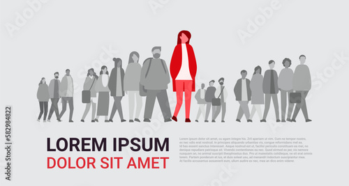 people group with red woman silhouette creative person standing out from grey crowd think different infected person