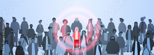 people group around red woman silhouette creative person standing out from grey crowd think different infected person