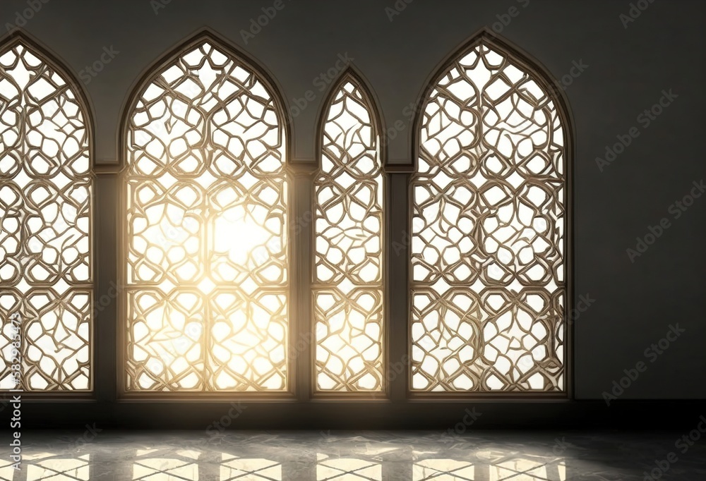 islamic window design wall with light coming form it  light coming inside generative ai