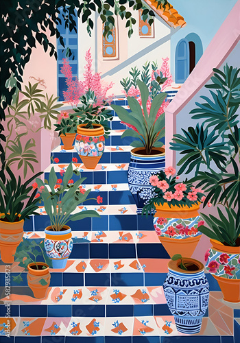 mediterranean garden at spring, colourful art, generative ai