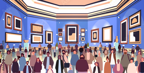 multiethnic people group mix race men women crowd in modern art gallery or museum