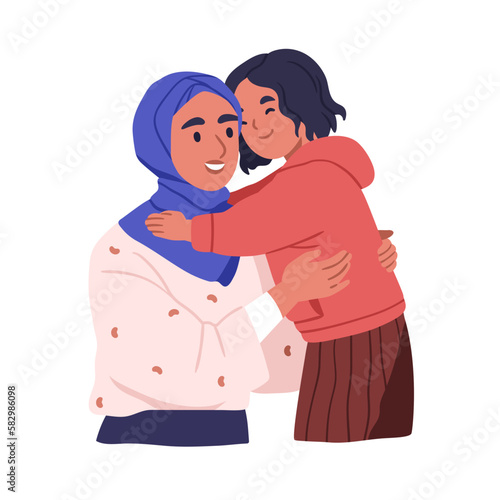 Muslim mother and daughter. Happy Arab mom and kid hugging. Smiling mum in hijab and girl child embracing together. Parents love and support. Flat vector illustration isolated on white background