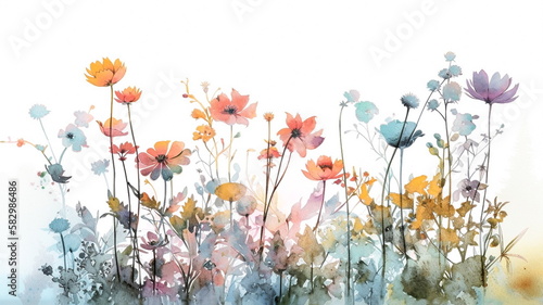 wispy flowers in soft watercolors with white background  - generative ai