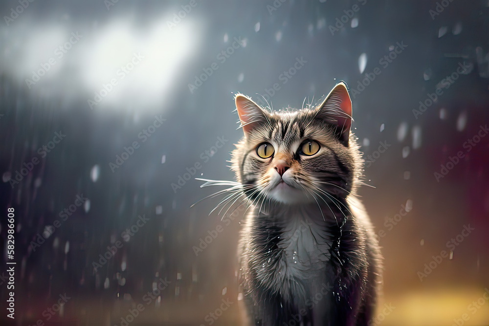 Cute cat spring raining, (generated ai)