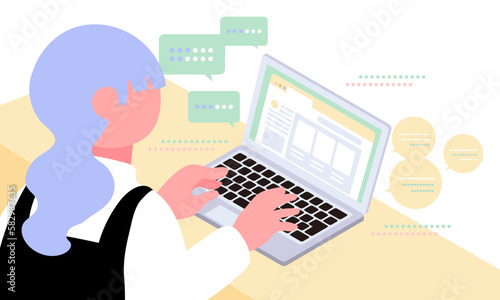 ノートパソコンと女性、チャット型AIを使うシーンをイメージしたイラスト　
