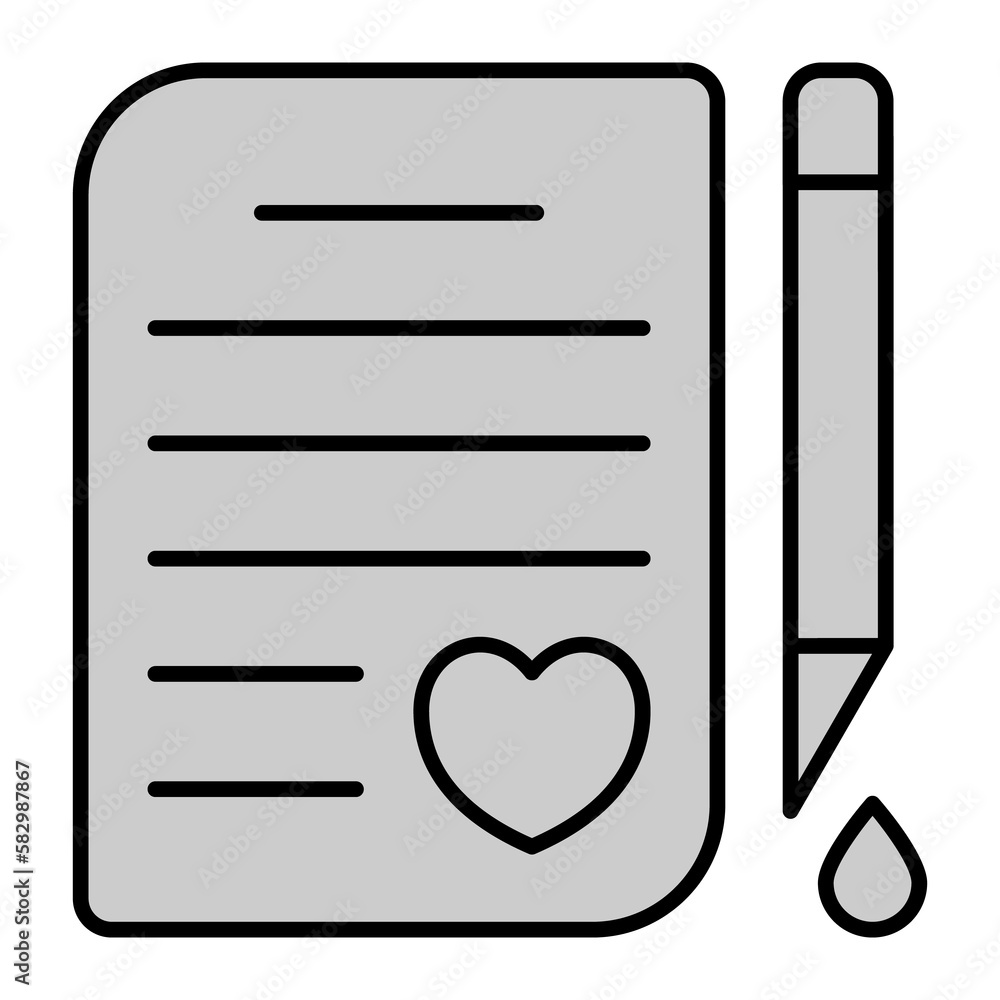 Love letter and ink drop pen - icon, illustration on white background, grey style