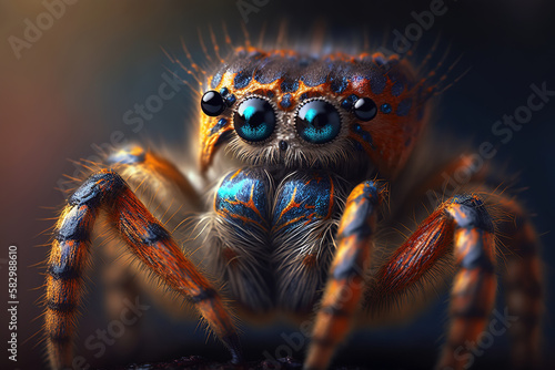 Dangerous spider. Terrible brown obligate arthropod predator, close-up front view. Illustration created by generative ai © Sergio