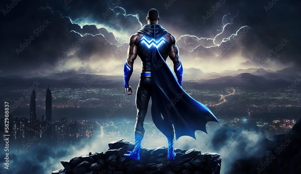 Naklejka premium Black Superhero looking at city sky full of lighting