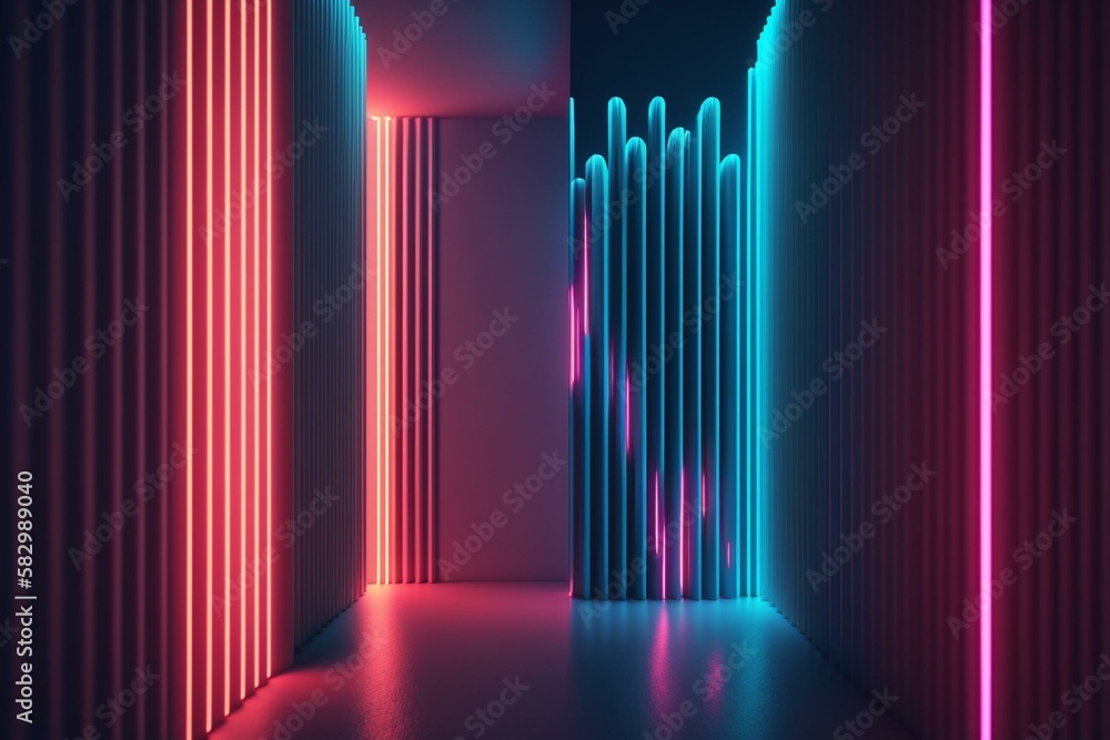 3d render, abstract neon background. Glowing pink blue vertical lines ...