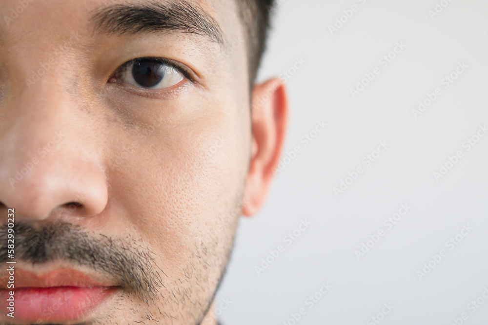 closeup face a handsome Asian man with a beard a straight face.
