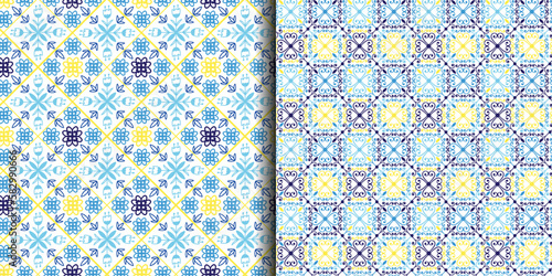 Mediterranean blue tile pattern. Seamless ornament. Hand drawn curve, floral mosaic. Arabic or azulejo ceramic. Print for textile, wrapping paper, wallpaper design. Oriental decor vector illustration