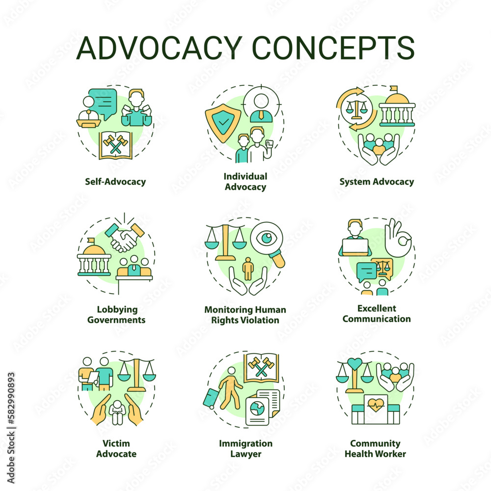 Advocacy concept icons set. Support during court hearing. Attorney service idea thin line color illustrations. Isolated symbols. Editable stroke. Roboto-Medium, Myriad Pro-Bold fonts used