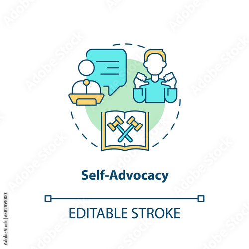 Self advocacy concept icon. Ability to present yourself. Type of legal protection abstract idea thin line illustration. Isolated outline drawing. Editable stroke. Arial, Myriad Pro-Bold fonts used