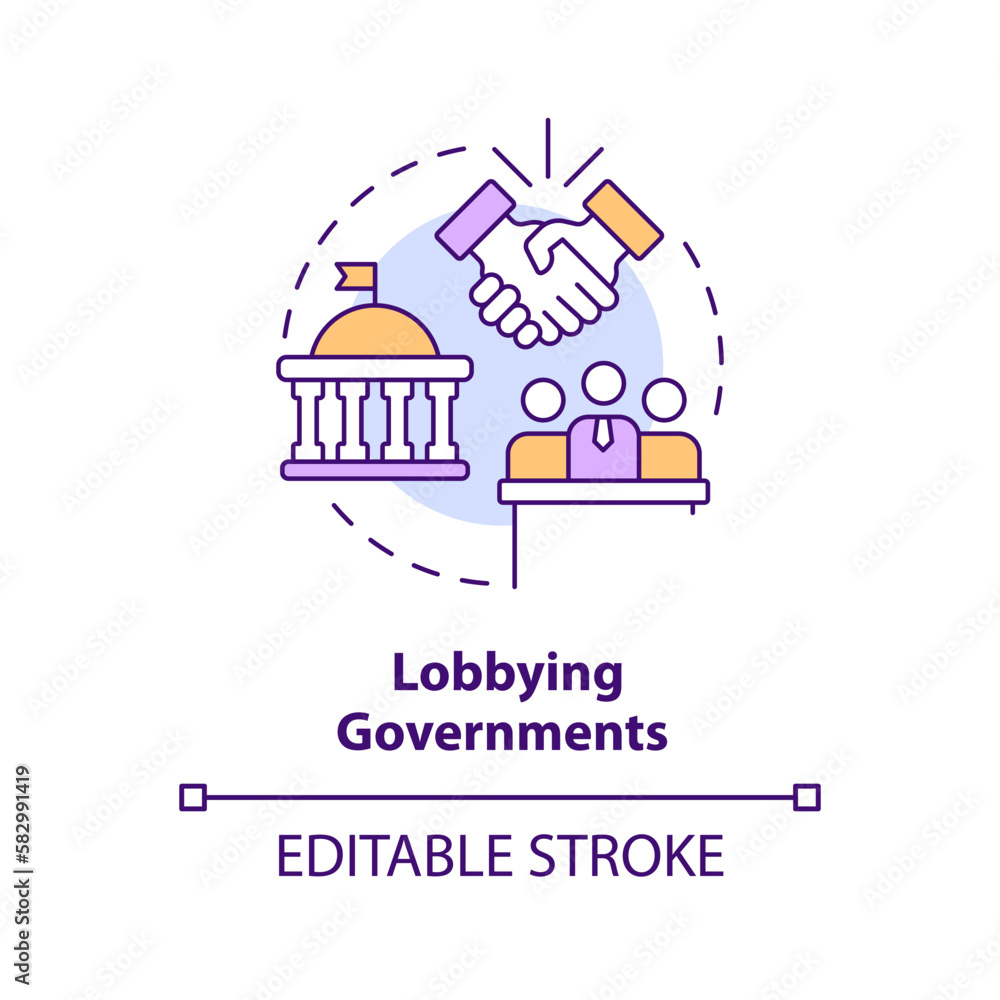 Lobbying governments concept icon. Organizations influence. Form of advocacy abstract idea thin line illustration. Isolated outline drawing. Editable stroke. Arial, Myriad Pro-Bold fonts used