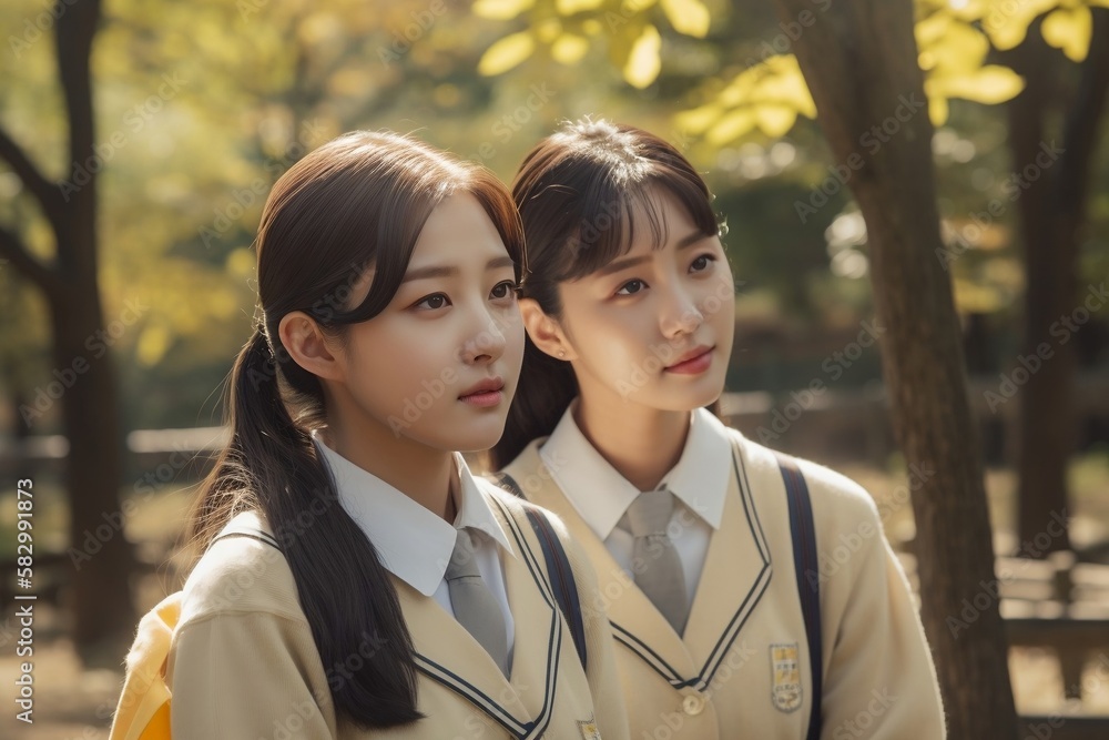 Two Korean Girls With School Uniform In Park Generative AI Stock two-korean-girls-with-school-uniform-in-park-generative-ai-stock