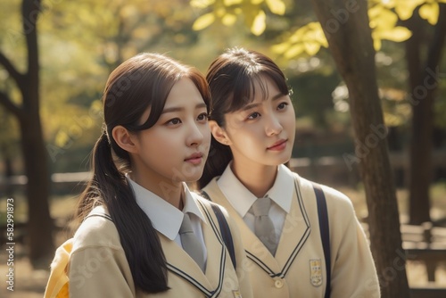 two korean girls with school uniform in park. generative AI photo