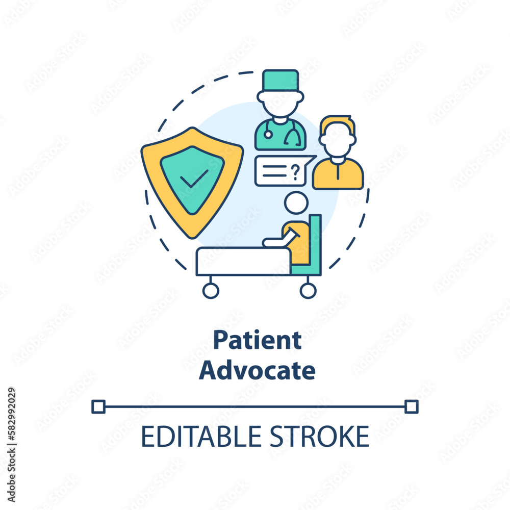 Patient advocate concept icon. Treatment coordination. Career in advocacy abstract idea thin line illustration. Isolated outline drawing. Editable stroke. Arial, Myriad Pro-Bold fonts used