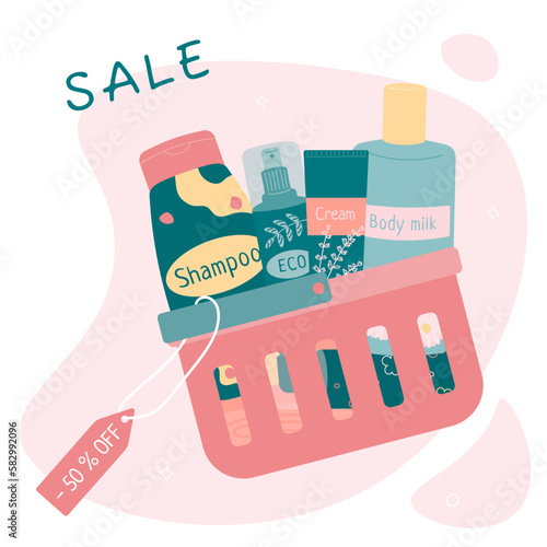 Flat vector illustration of a consumer basket for the sale of cosmetics. Skin care products - shampoo, body milk, lotion, cream. Advertising banner, poster, discounts.