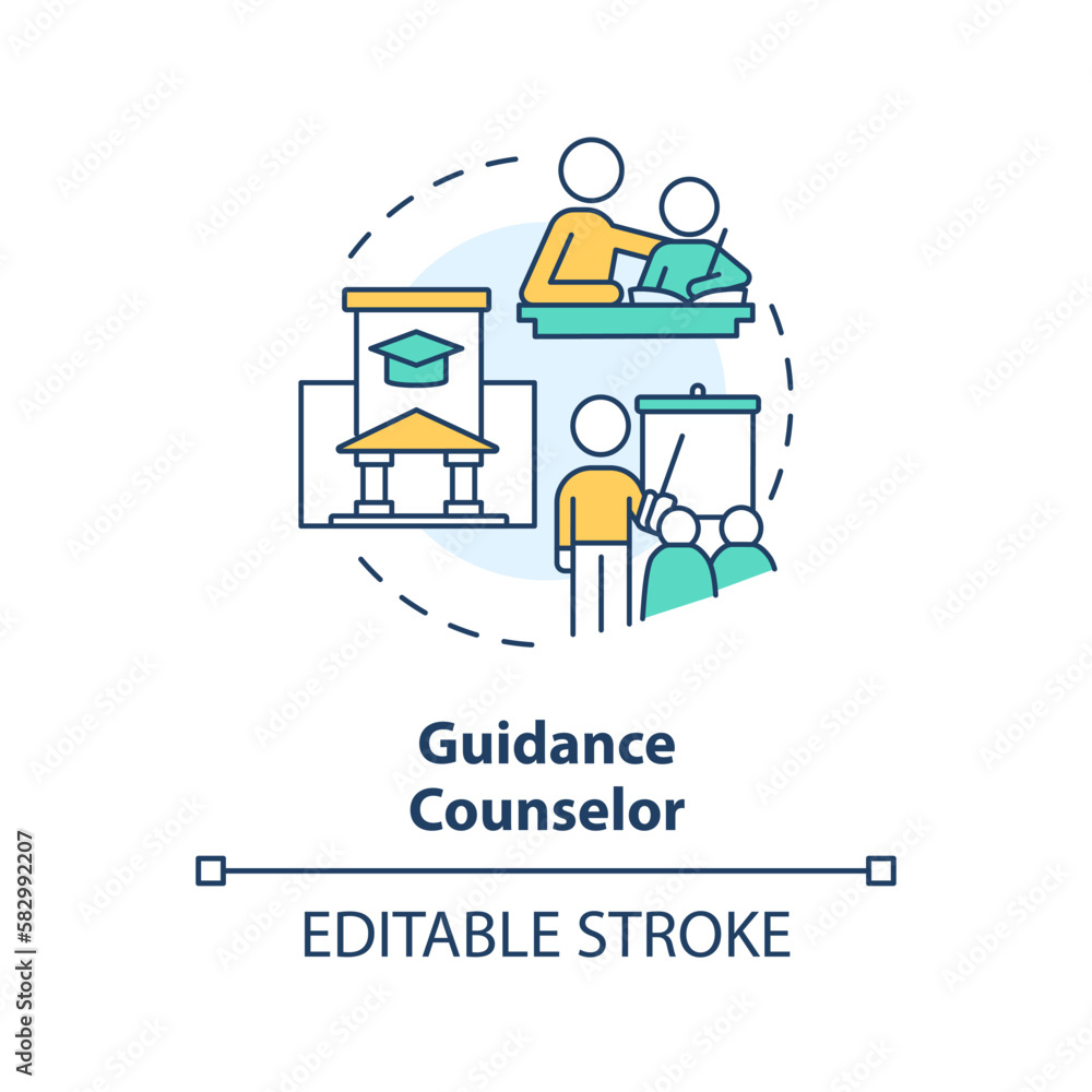 Guidance counselor concept icon. Help for students. Career in advocacy abstract idea thin line illustration. Isolated outline drawing. Editable stroke. Arial, Myriad Pro-Bold fonts used Guidance counselor concept icon. Help for students. Career in advocacy abstract idea thin line illustration. Isolated outline drawing. Editable stroke. Arial, Myriad Pro-Bold fonts used