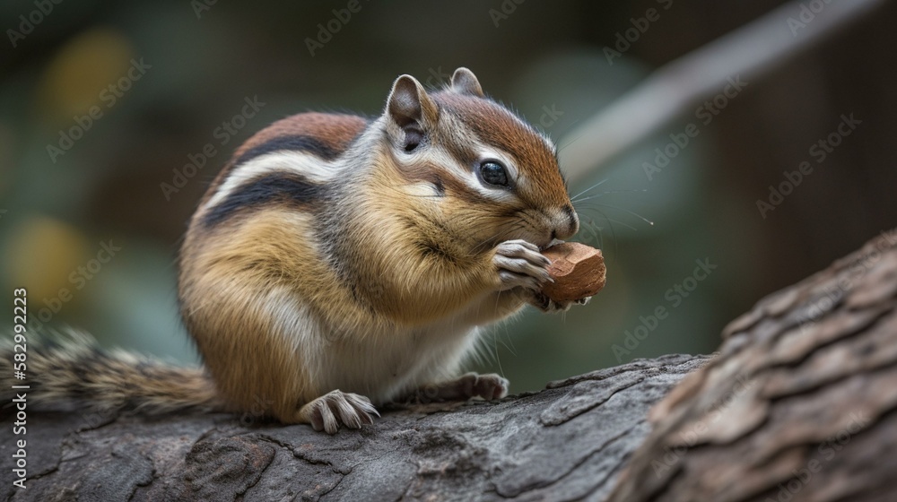 Obraz premium A chubby chipmunk munching on a nut while perched on a tree branch Generative AI