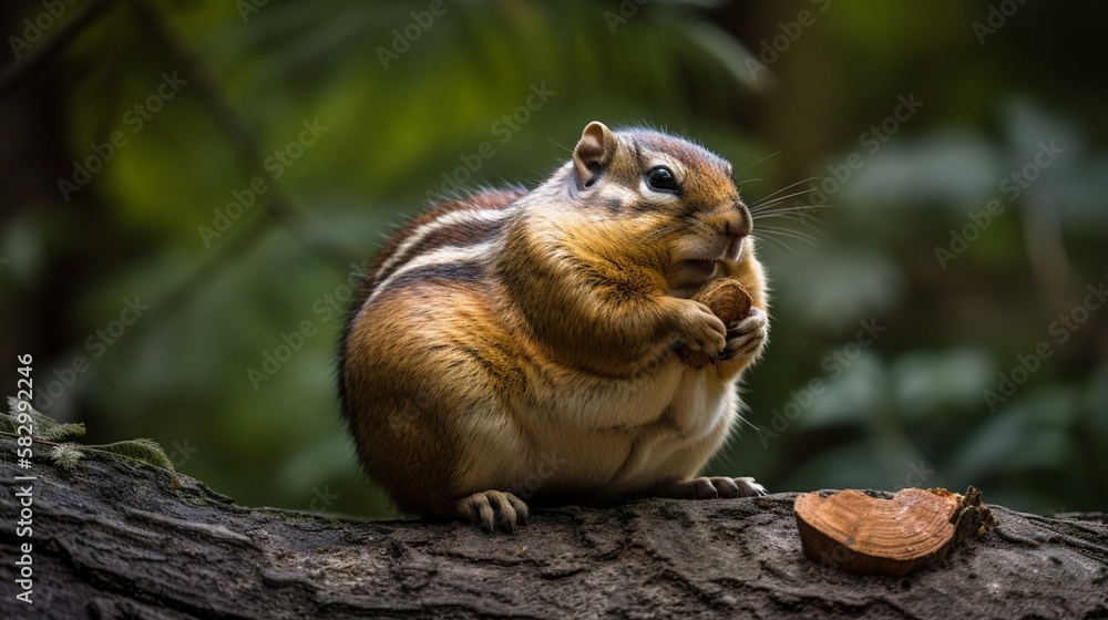 A chubby chipmunk munching on a nut while perched on a tree branch Generative AI