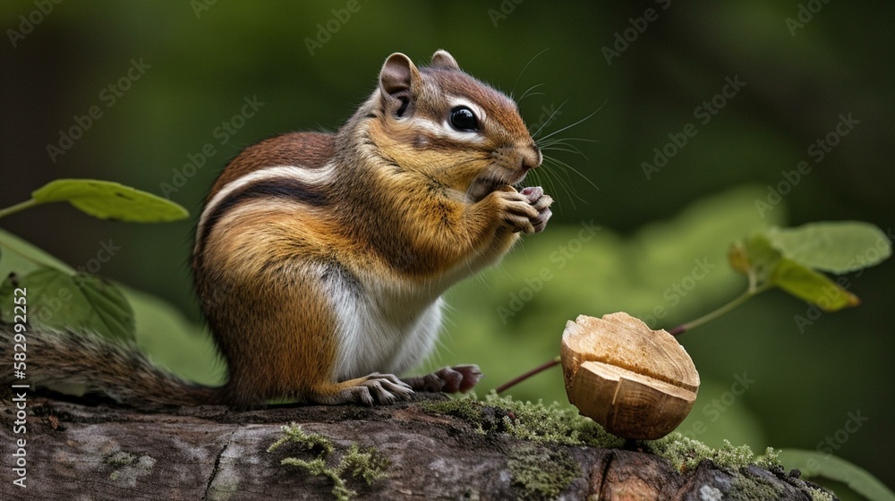 A chubby chipmunk munching on a nut while perched on a tree branch Generative AI