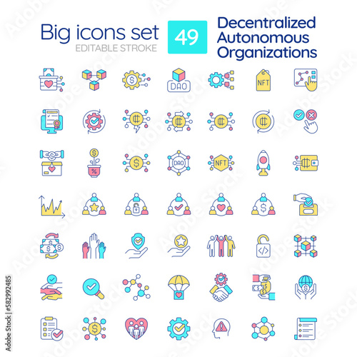 Decentralized autonomous organizations RGB color icons set. Internet technology in business. Innovations. Isolated vector illustrations. Simple filled line drawings collection. Editable stroke © bsd studio