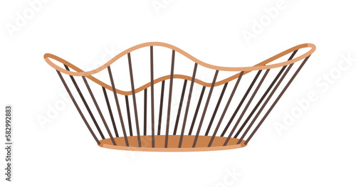 Fruit basket made of metal and wood. Wooden and wired empty container for storage in modern trendy style, uneven irregular rim, rounded shape. Flat vector illustration isolated on white background