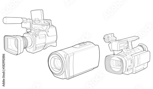 Set of sketch a video camera on a white backgroundra. video camera, vector sketch illustration for training tamplate.