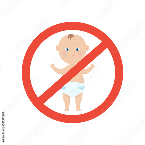 No children sign, Baby in a romper in a red circle prohibition. Vector illustration concept of Childfree.
