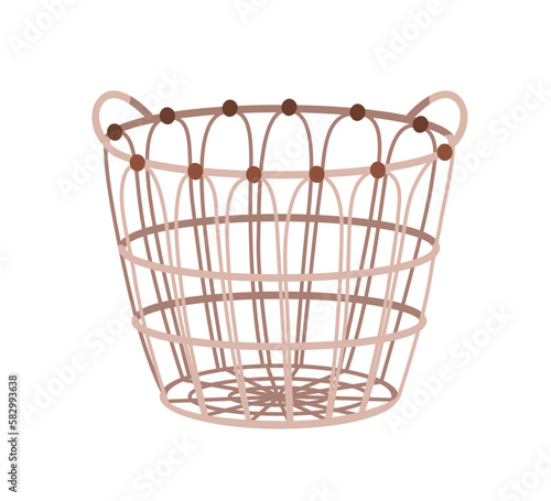 Rattan storage basket, modern home storage basketwork. Empty basketry, natural wickerwork, big wicker bin container with handles in modern style. Flat vector illustration isolated on white background