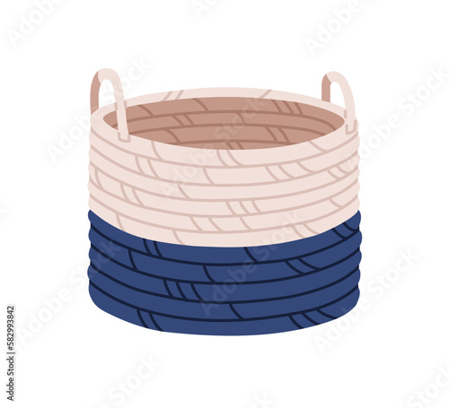 Interior storage basket from textile ropes. Modern trendy woven basketry, wicker bin with handles. Home fashion basketwork from paper vine. Flat vector illustration isolated on white background