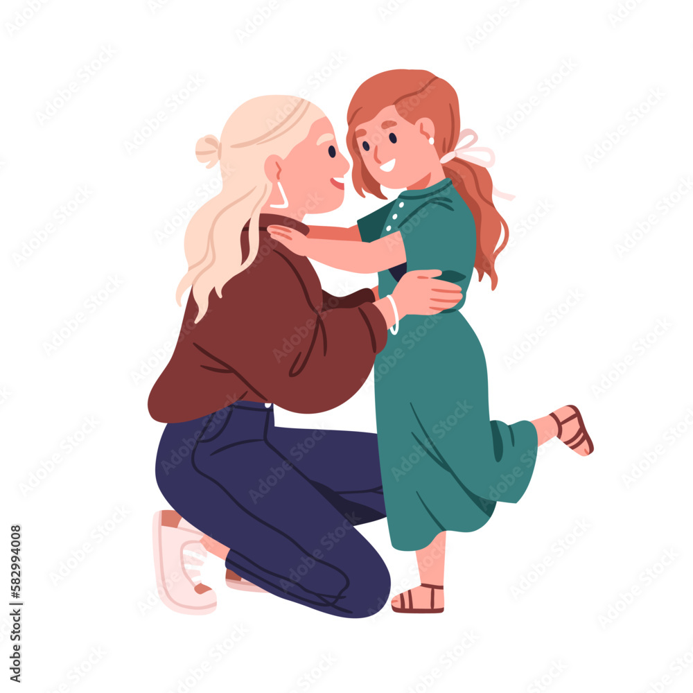 Mother and daughter meeting, hugging. Happy mom and kid embracing, talking. Smiling mum parent glad to see cute girl child. Motherhood concept. Flat vector illustration isolated on white background