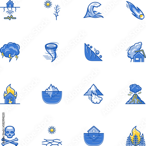Natural disaster catastrophe color icons | Filled outline vector icon set