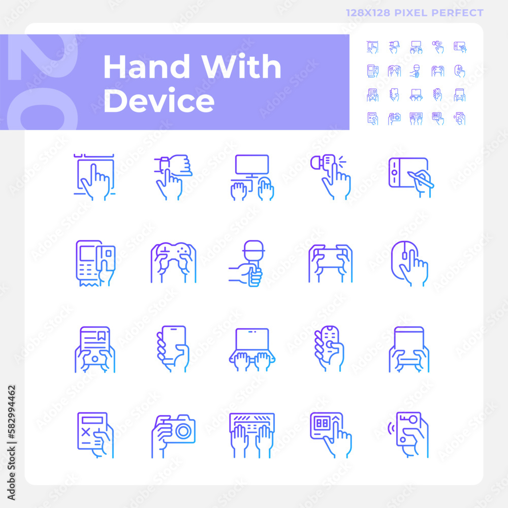 Hands with devices pixel perfect gradient linear vector icons set. User with gadgets. Digital technology. Thin line contour symbol designs bundle. Isolated outline illustrations collection