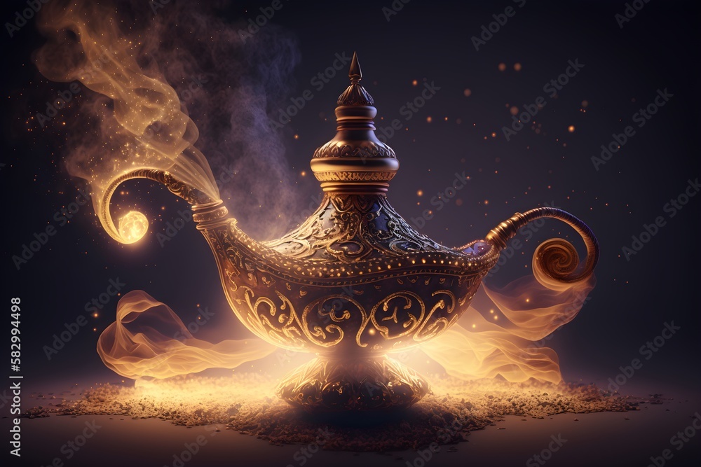 Naklejka premium magic lamp with genie, AI generated