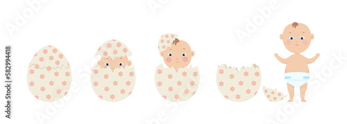 Human baby hatching from egg, embryo development evolution, vector illustration.