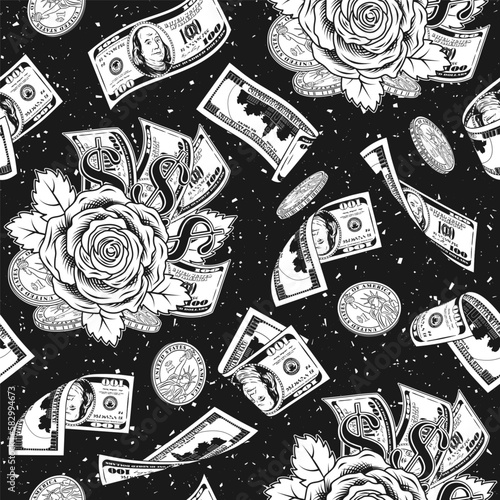 Monochrome pattern with flying, falling dollar banknotes, coins, roses, dollar sign. Vintage illustration for prints, clothing, surface design Black background