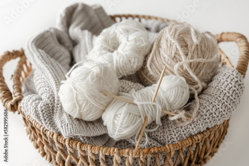 Basket with yarn close-up  threads for knitting.