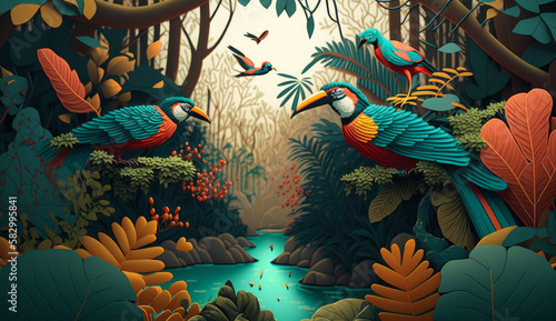 Illustration of Birds in Tropical rainforest